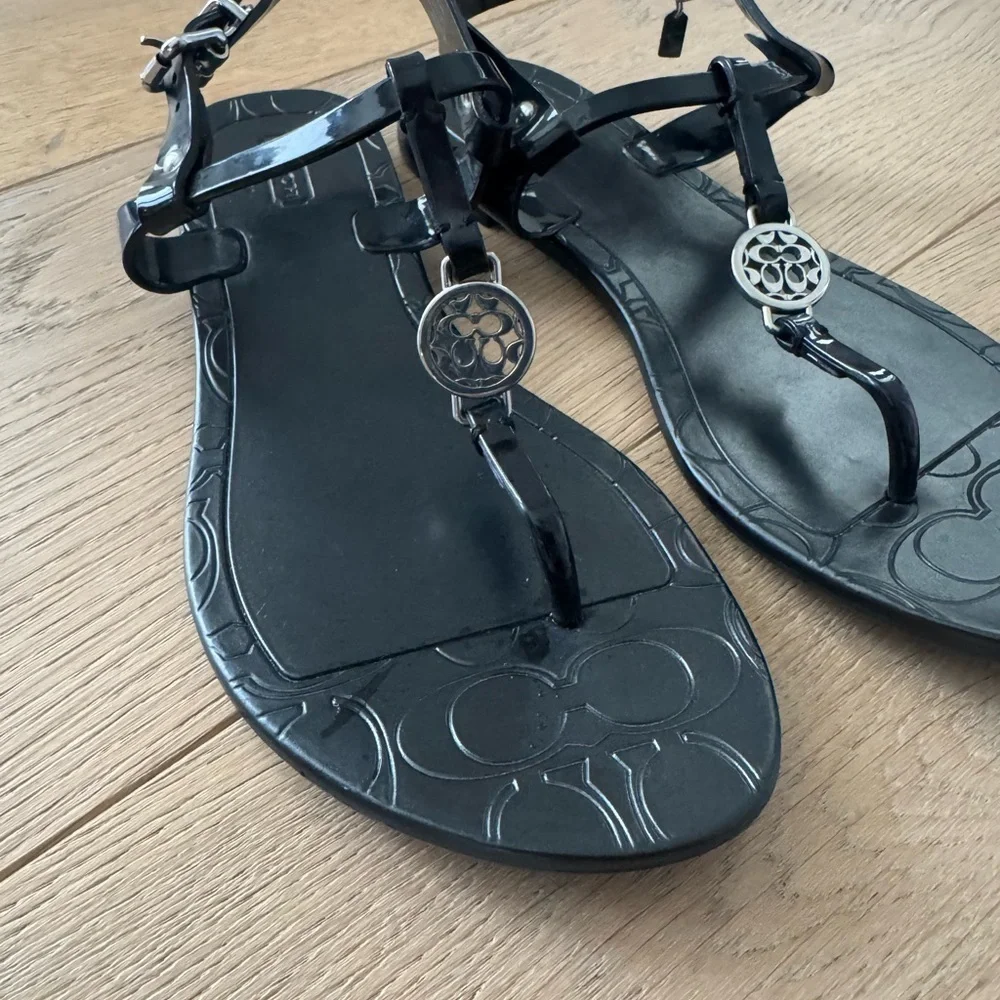 Coach Pansy Black Jelly Sandals with Silvertone Signature Accents Women's 6